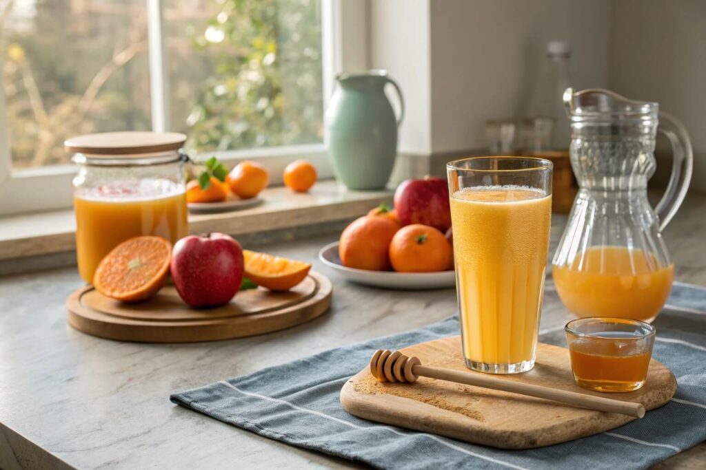 A glass of freshly prepared apple orange juice