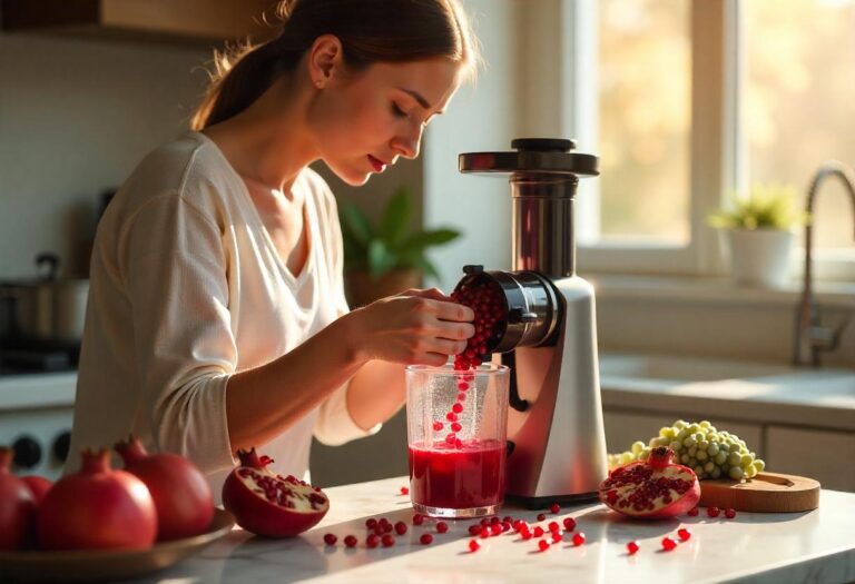 A woman making pomegranate juice using a masticating juicer
