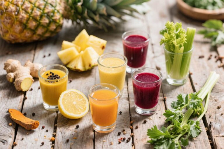Flat-lay of vibrant anti-inflammatory juice shots made with turmeric, ginger, lemon, pineapple, beetroot, and celery on a rustic wooden table