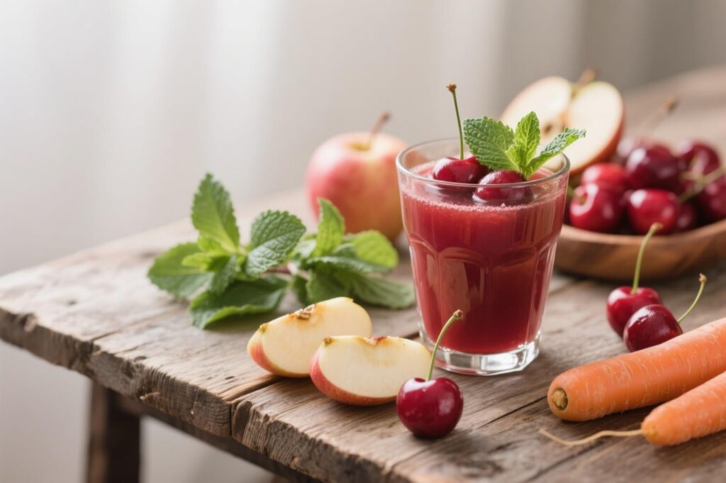 anti-inflammatory juice shots made of cherry apple and carrots