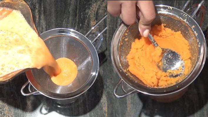 straining blended carrots