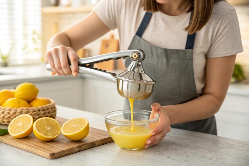 A woman using a stainless steel handheld lemon squeezer to extract lemon juice