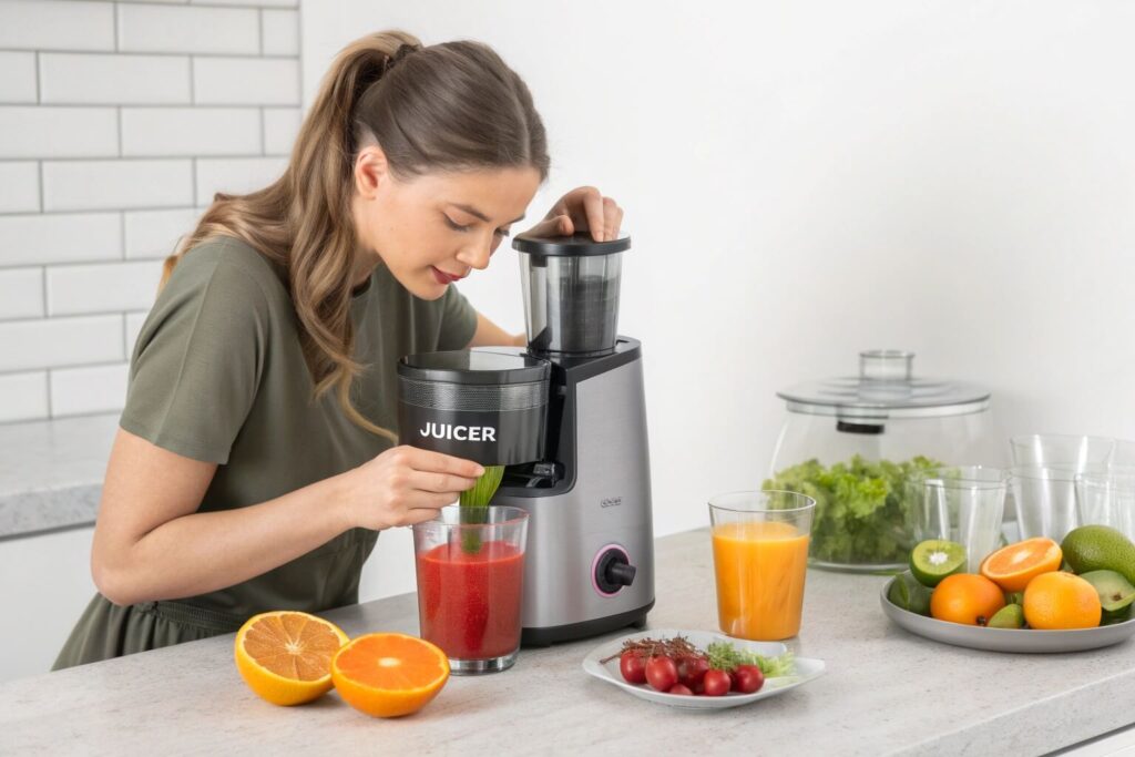 A young health conscious woman juice with a cold press juicer