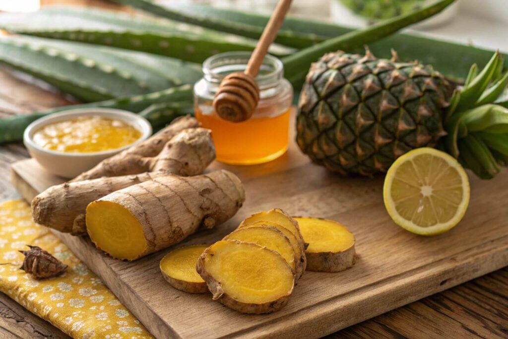 Ingradients for digestion aiding juice shots incuding ginger, pineapple, lemon, honey