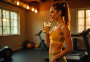 A fit woman taking power smoothie after workout at gym