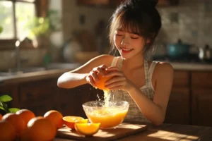 A woman making clementine juice by hand