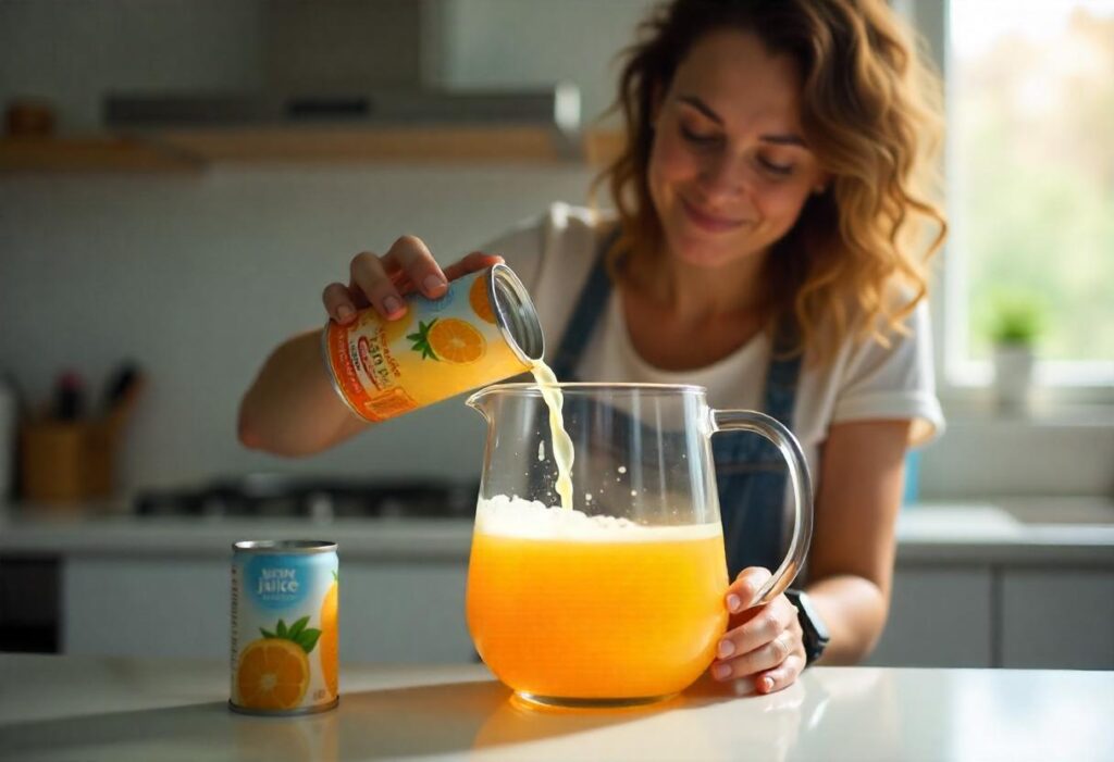 A woman mixing frozen concentrate into a pitcher to make juice instantly