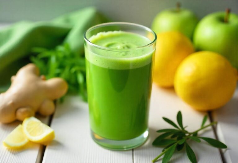 Glass of fresh and healthy juice made of cleaver herbs
