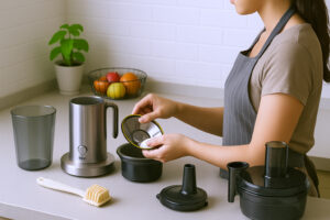 A woman cleaning her Breville juicer after making juice