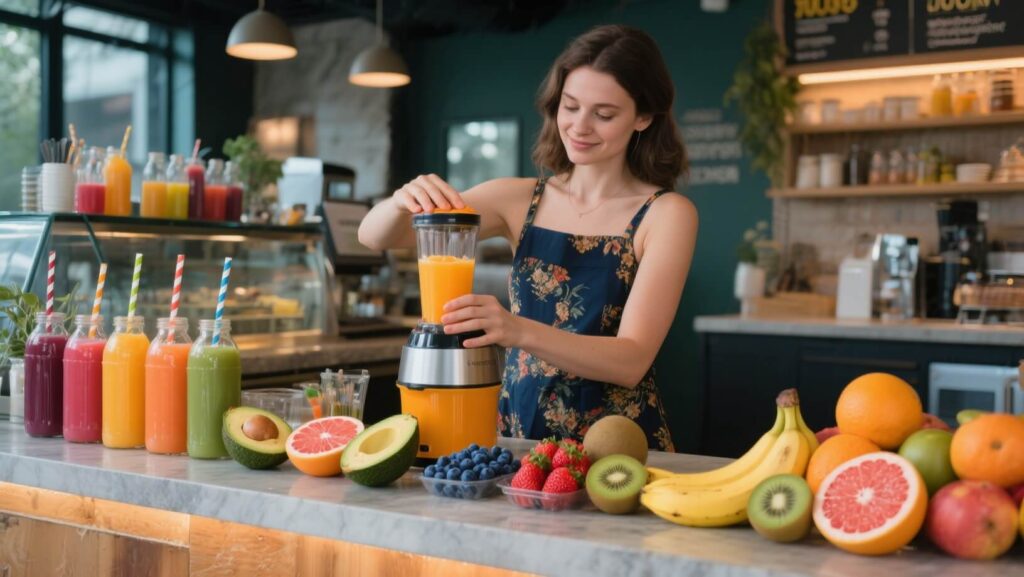 A woman entreprenuer operating her juicing business