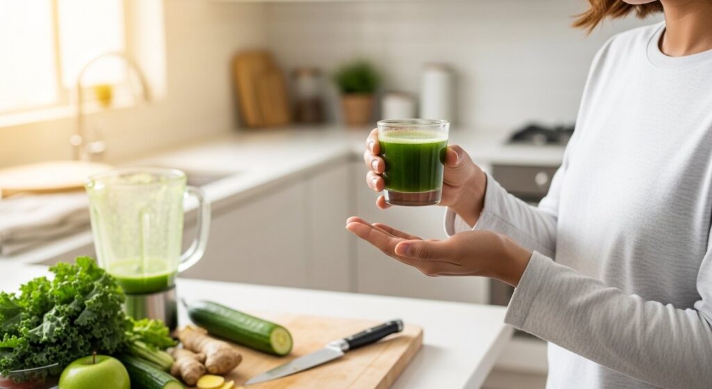 preparing green juice shots